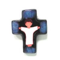 Croix Céramique 10.5 X 8 cm Jésus blanc / bleu foncé