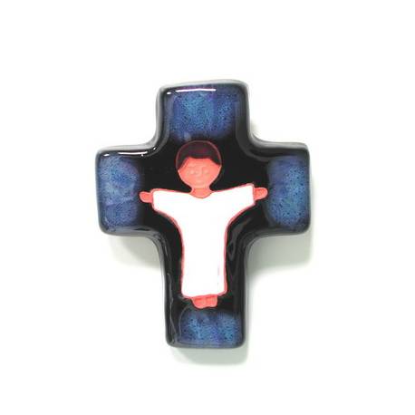 Croix Céramique 10.5 X 8 cm Jésus blanc / bleu foncé
