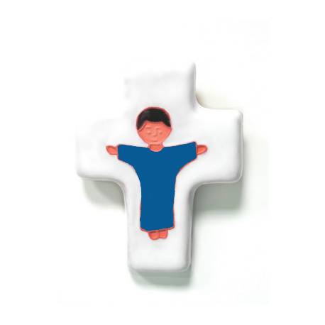Kruisje Keramiek - 10.5 X 8 cm - Jezus Blauw / Wit 