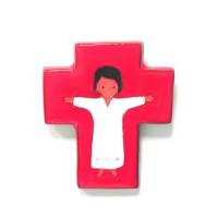 Croix Céramique - 12 X 10 cm - Rouge / Jésus Blanc