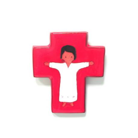Croix Céramique - 12 X 10 cm - Rouge / Jésus Blanc