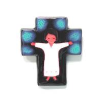 Croix Céramique - 12 X 10 cm - Bleu Foncé / Jésus Blanc
