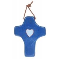Croix Céramique 9 x 7 cm - Bleu - Coeur Blanc