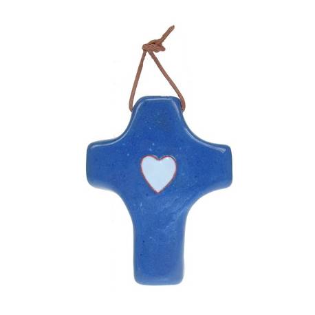 Croix Céramique 9 x 7 cm - Bleu - Coeur Blanc