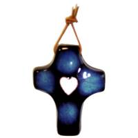 Croix Céramique 9 x 7 cm - Bleu Foncé Coeur Blanc