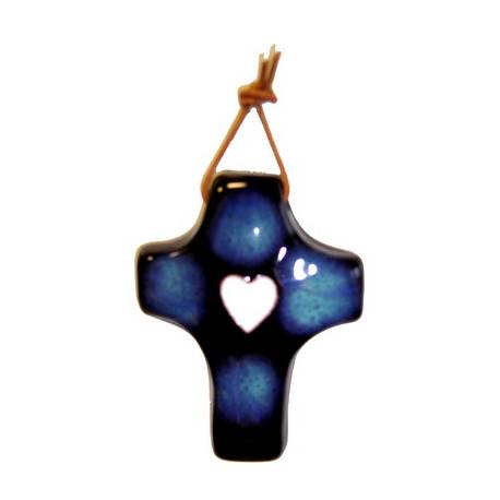Croix Céramique 9 x 7 cm - Bleu Foncé Coeur Blanc