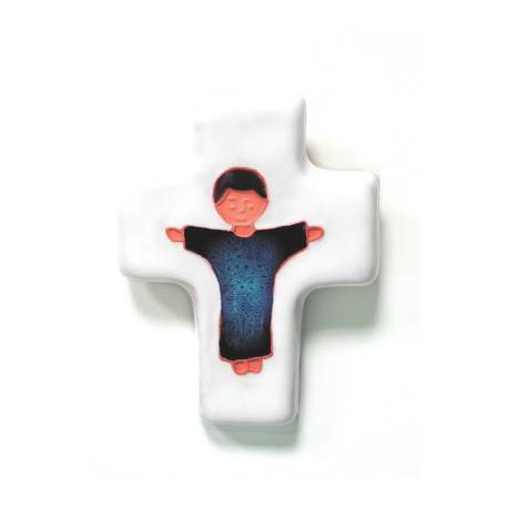 Croix Céramique 10.5 X 8 cm Jésus bleu foncé / blanc