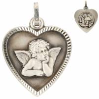 Medaille en forme de coeur en métal argenté Ange + Notre Dame de Banneux 18 X 16 Mm