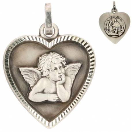 Medaille en forme de coeur en métal argenté Ange + Notre Dame de Banneux 18 X 16 Mm