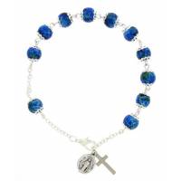 Bracelet-dizainier - bleu 8 mm - argenté - méd.+croix