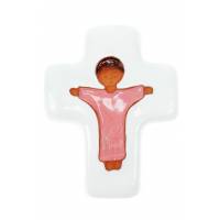 Kruisje Keramiek 10.5 X 8 cm - Roze / Jezus 