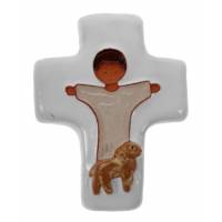 Croix Ceramique 10.5 X 8 Cm Beige Jesus + Mouton