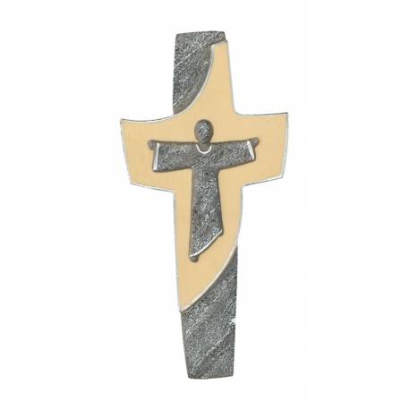 Croix en bois sculpte H 15Cm finition naturel+marbré gris