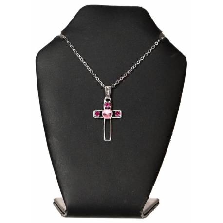 Pendentif croix avec strass rose + Chaine 50 Cm