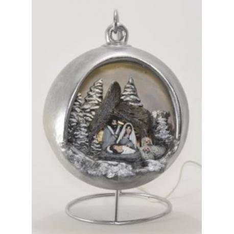Kerststal in een zilver keramiek kerstbol + licht 