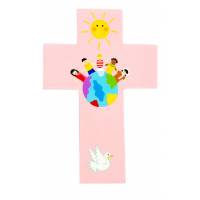 Croix murale enfants du monde en rose 20 cm