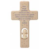 Croix en bois sculpté - 20 cm - naturel - Mon ange gardien