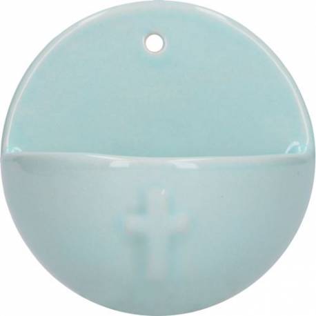 Benitier Ceramique 10 Cm bleu clair avec croix