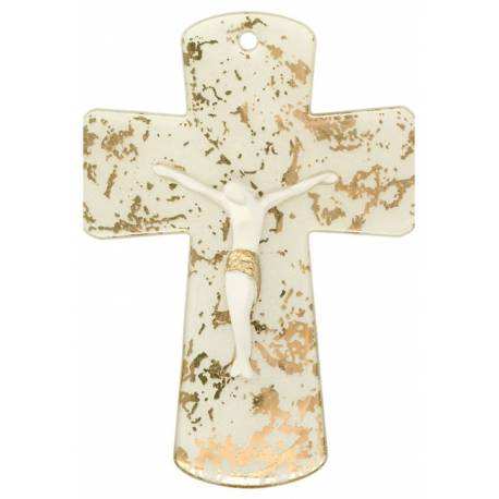 Croix murale en verre 16 cm Blanc et Or avec Christ blanc