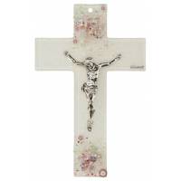 Croix Murale blanche et rose en verre 16 cm