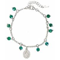Bracelet dizainier en argent rhodié avec perles vertes et médaille miraculeuse