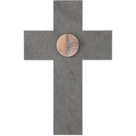 Kruisbeeld Leisteen 20 X 13.5 Cm Rond Plaatje In Brons 