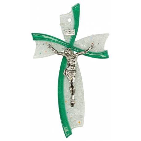 Kruisbeeld in glas 16 Cm wit en groen met zilver Christus 