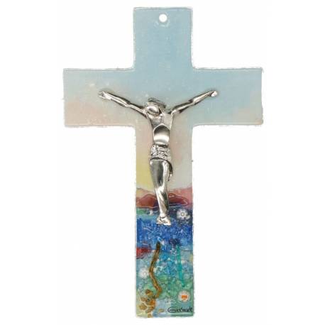 Croix Murale en verre 16 cm Christ argenté