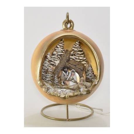 Crèche de Noël dans une boule en céramique dorée + lumière
