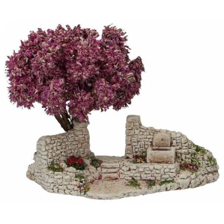 Décor pour santons de Provence fontaine avec arbre de Judée