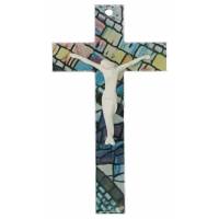 Croix murale en verre mosaique et Christ blanc 16 Cm
