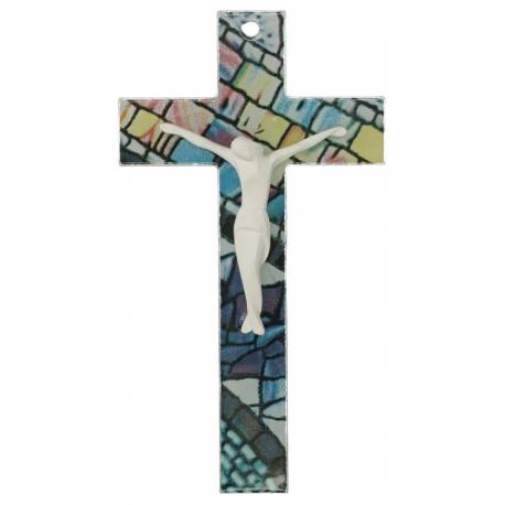 Croix murale en verre mosaique et Christ blanc 16 Cm