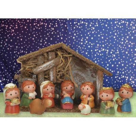 Crèche de Noël : cabane + 12 personnages de 8 cm (27,5 x 20 x 11 cm)