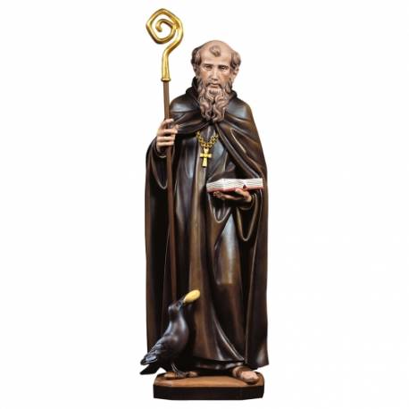 Statue en bois sculpté Saint Benoît avec corbeau et pain 23 cm couleur