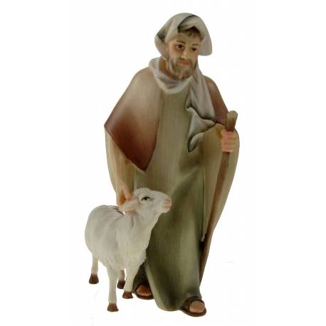 Houtsnijwerk Herder Met Stok En Schaap voor kerstfiguren van 16 cm / Gekleurd 