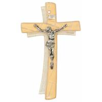 Croix murale en verre 16 cm Blanc et Or avec Christ argenté