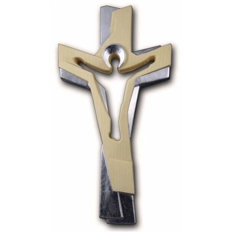 Croix Passion En Bois Sculpte - H 15 cm - naturel finition argentée