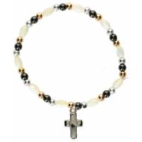 Bracelet s/élastique nacre + hématite + croix métal