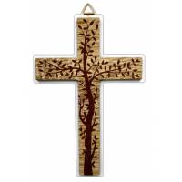 Kruisbeeld met levensboom - 16 cm - Bruin en wit hout 
