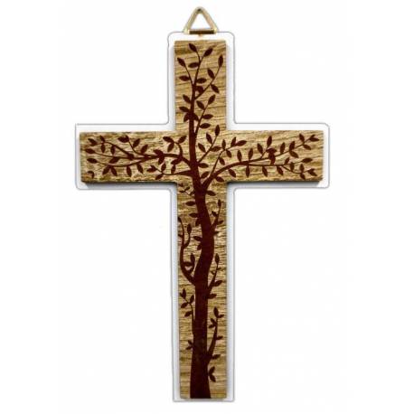 Croix murale moderne avec arbre de vie - 16 cm - Bois et finition blanche