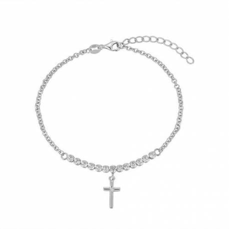Bracelet argent rhodié et strass avec croix