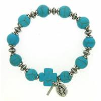 Bracelet s/élastique - turquoise + méd + croix