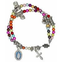 Bracelet-chapelet - verre multicolore - croix + médaille - fermoir aimanté