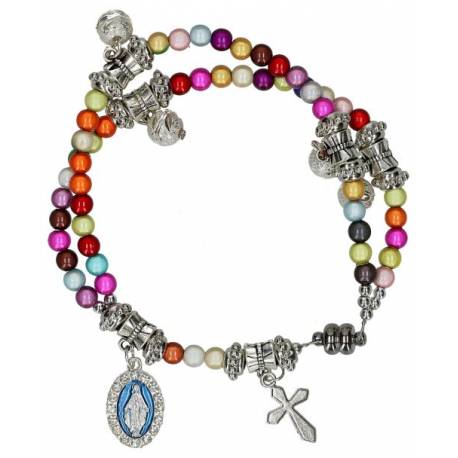 Bracelet-chapelet - verre multicolore - croix + médaille - fermoir aimanté