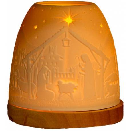Photophore de Noël en porcelaine avec base en bois Crèche de Noël
