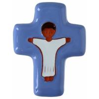 Croix Ceramique 10.5 X 8 Cm Croix bleu indigo Jesus blanc