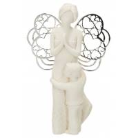 Hars engel met metalen vleugels en jongen 7,5 x 12 cm 