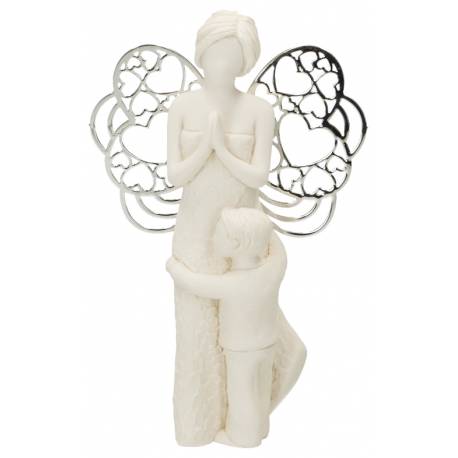 Hars engel met metalen vleugels en jongen 7,5 x 12 cm 
