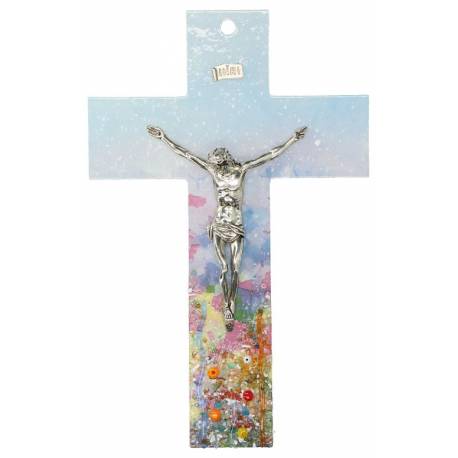 Croix murale moderne motifs floraux avec Christ 21 cm