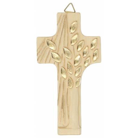 Houtsnijwerk Kruisbeeld met levensboom 11 cm houtkleuren gouden rand 